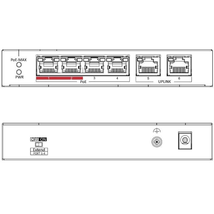 Rysunek techniczny switcha POE 4 port do kamer Hikvision DS-3E0106P-E/M